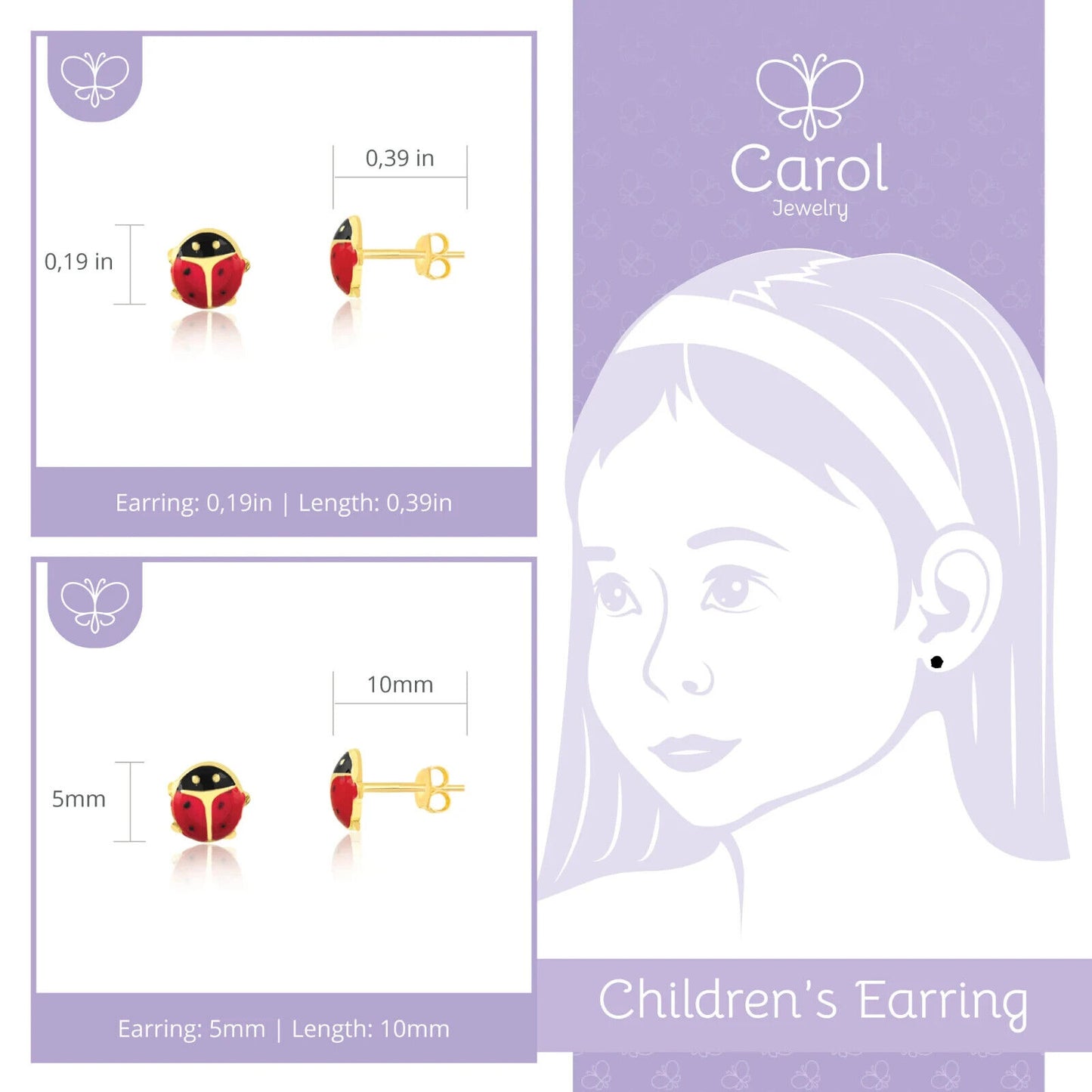 Ladybug 18k Solid Gold Enamel Butterfly Back Stud Earrings for Infants Toddler