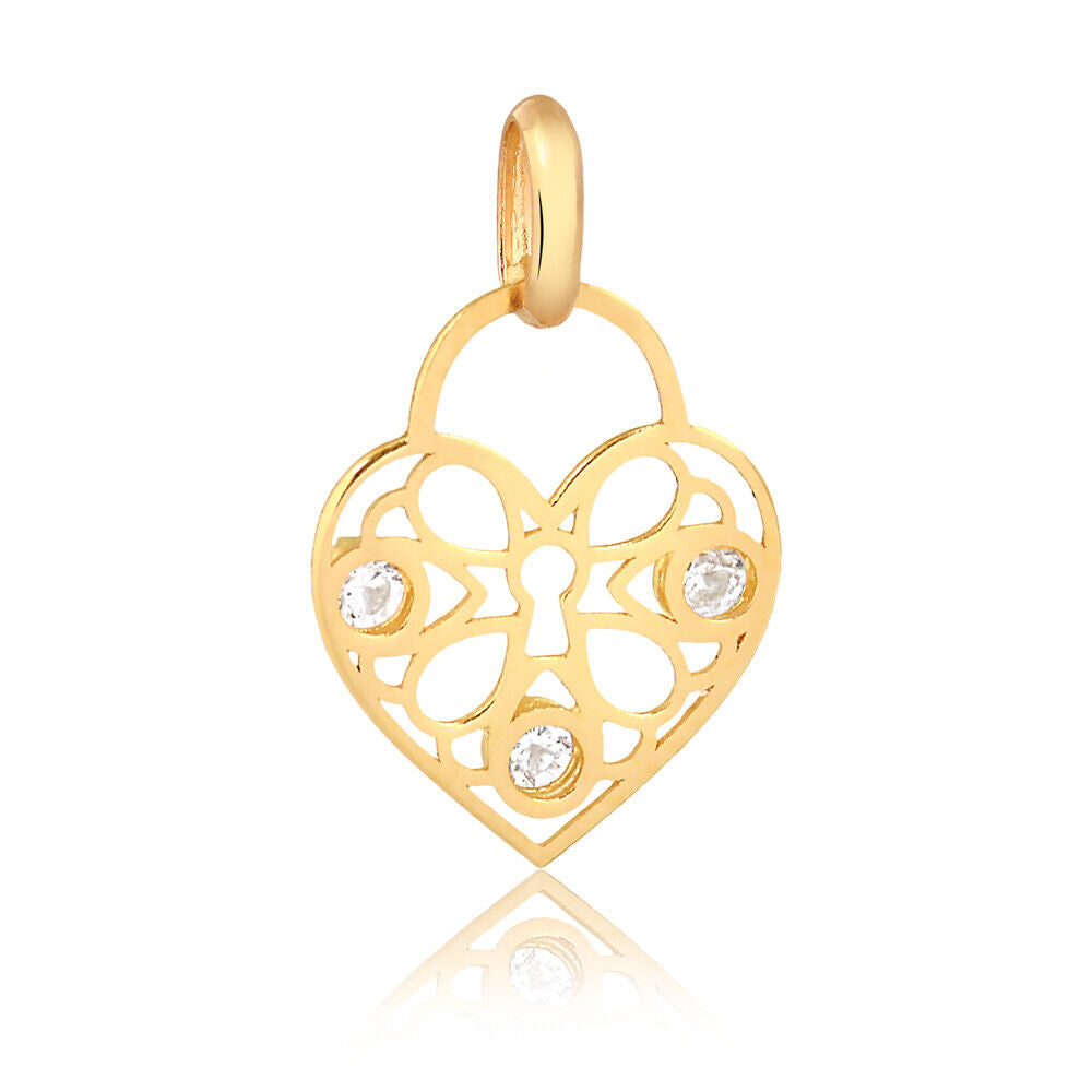 14k Solid Gold Heart Padlock Cubic Zirconia charm  Women Girls