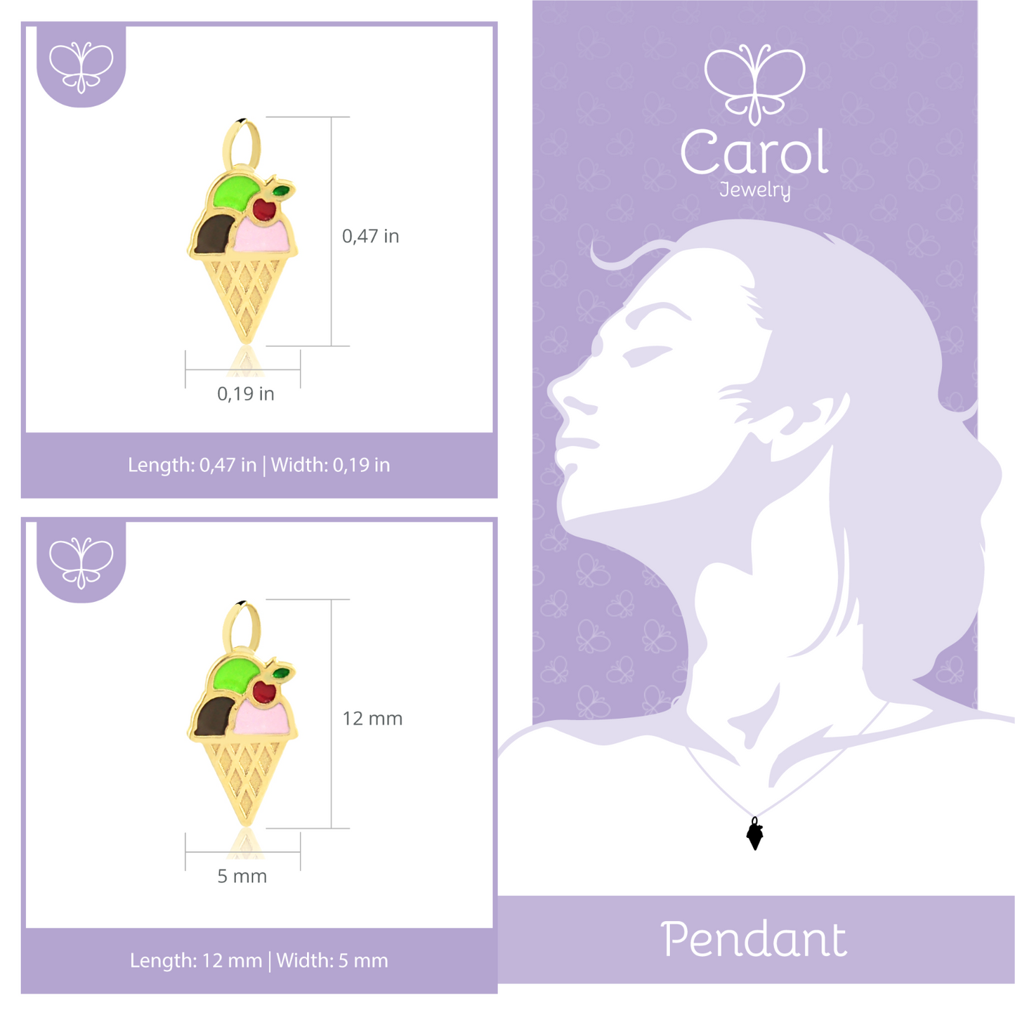 Ice Cream 18k Solid Gold Enamel Charm charm for Chain for Girls Infants