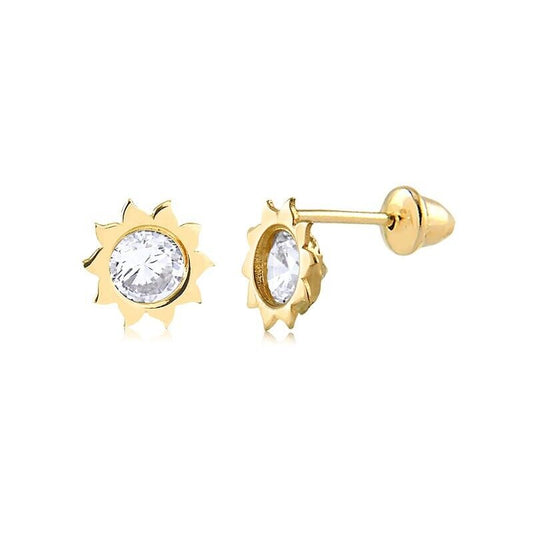 14k Solid Yellow Gold Sun shape Butterfly Backs Stud Earrings