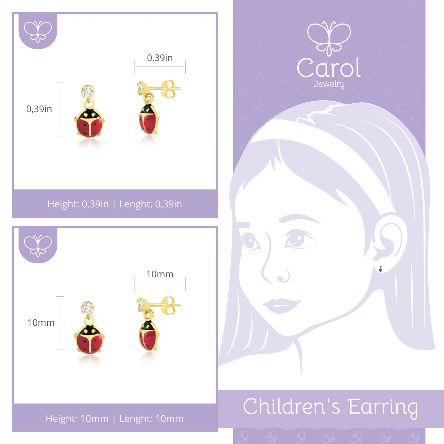 Ladybug 18k Solid Gold Cubic Zircon Butterfly Back Drop Dangle Earrings Toddlers