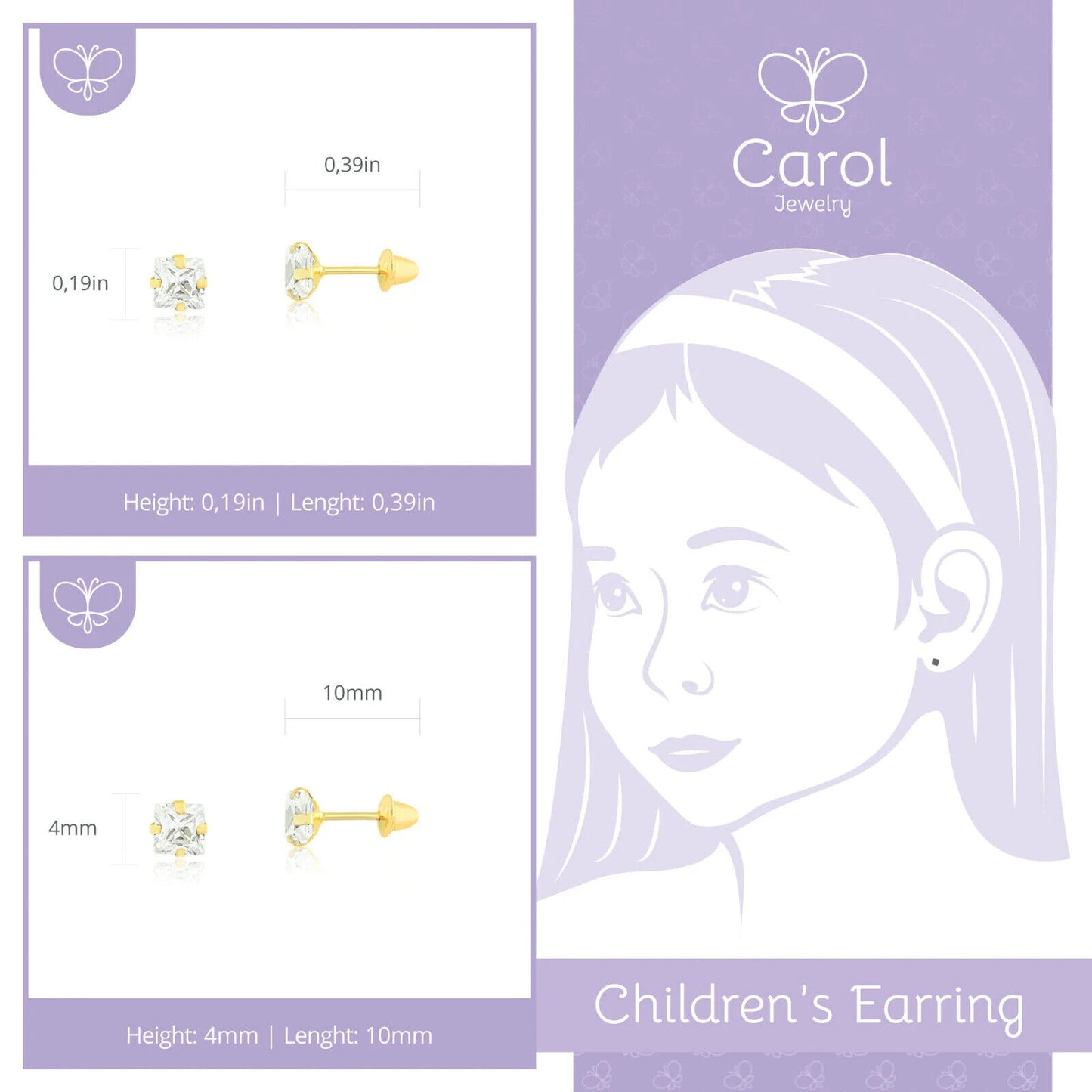 Earrings 18k Solid Gold Cubic Zircon 4.4 mm Push Back Stud for Toddlers Children