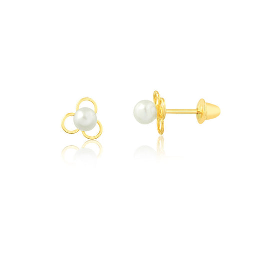 18k Solid Gold Flower Pearl 3 mm Push Backs Stud Earrings for Babies and Infants