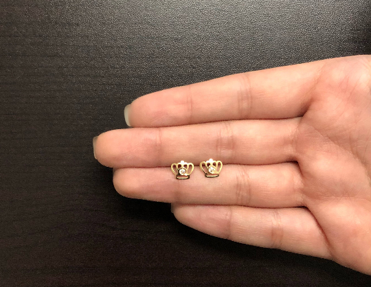 Crown Cubic Zircon 18k Solid Yellow Gold Screw Back Stud Earrings Toddlers Girls