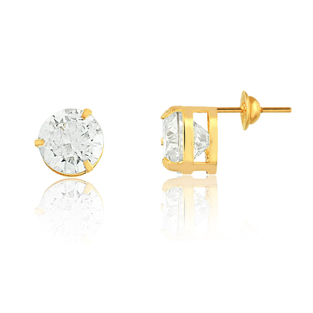 Earrings 18k Solid Yellow Gold Cubic Zircon 6 mm Push Backs Stud for Women