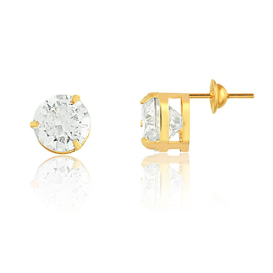 Earrings 18k Solid Yellow Gold Cubic Zircon 6 mm Push Backs Stud for Women