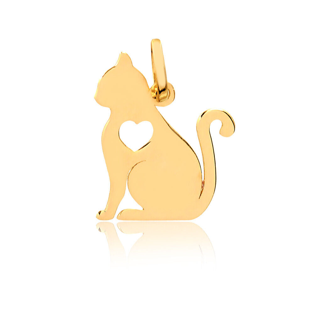 Gold cat-shaped pendant with a heart on a white background