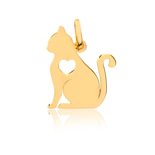 14k Solid Yellow Gold Cat with Heart Shaped charm for Chain for Women