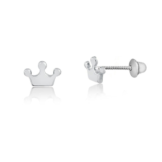 Crown Screw Back Earrings 18k Solid White Gold  for Babies, Girls, and Infants