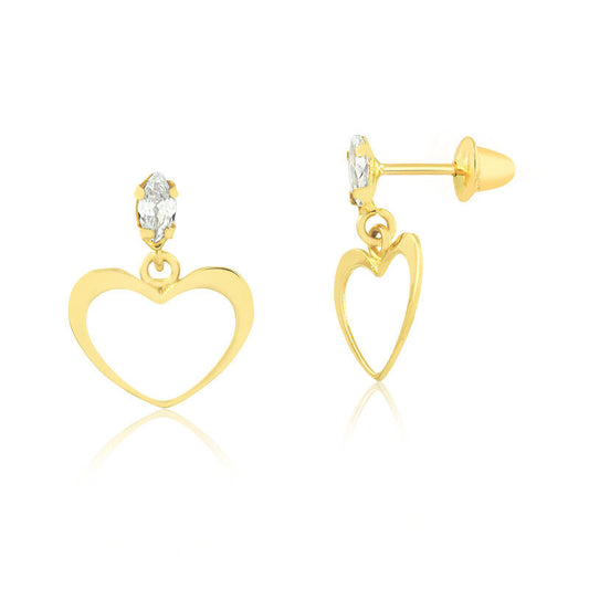 18k Solid Gold Hollow Heart Drop Dangle Push Backs Stud Earrings for Children