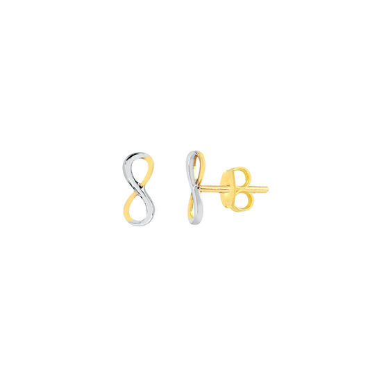 18 K Yellow Gold with Rhodium Infinity earrings for women, girls and kids.