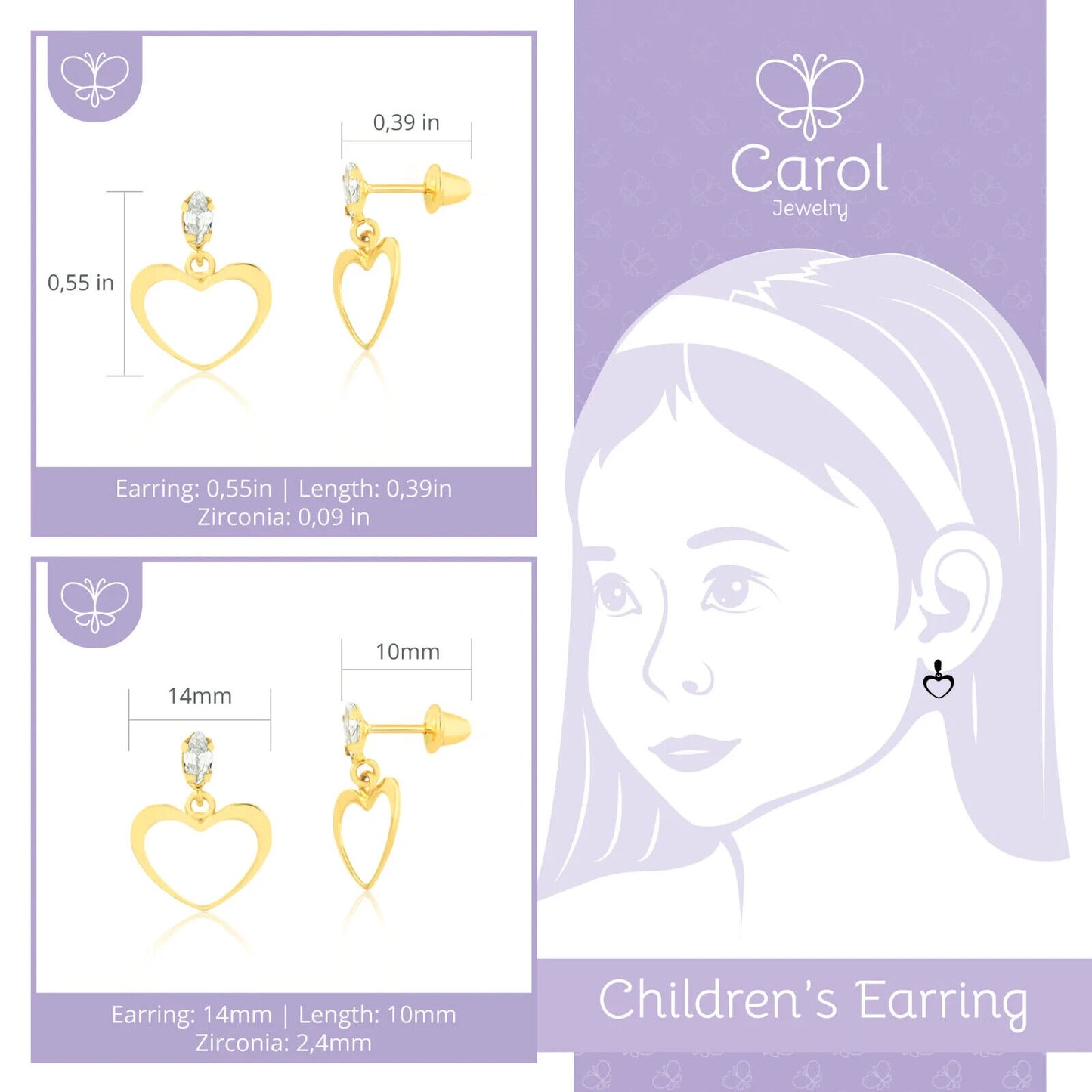 18k Solid Gold Hollow Heart Drop Dangle Push Backs Stud Earrings for Children