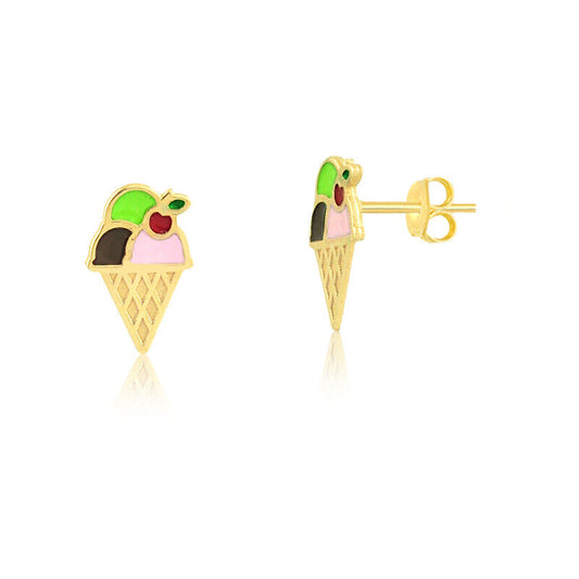 18k Solid Gold Enamel Ice Cream Butterfly Back Stud Earrings Infant and Toddler