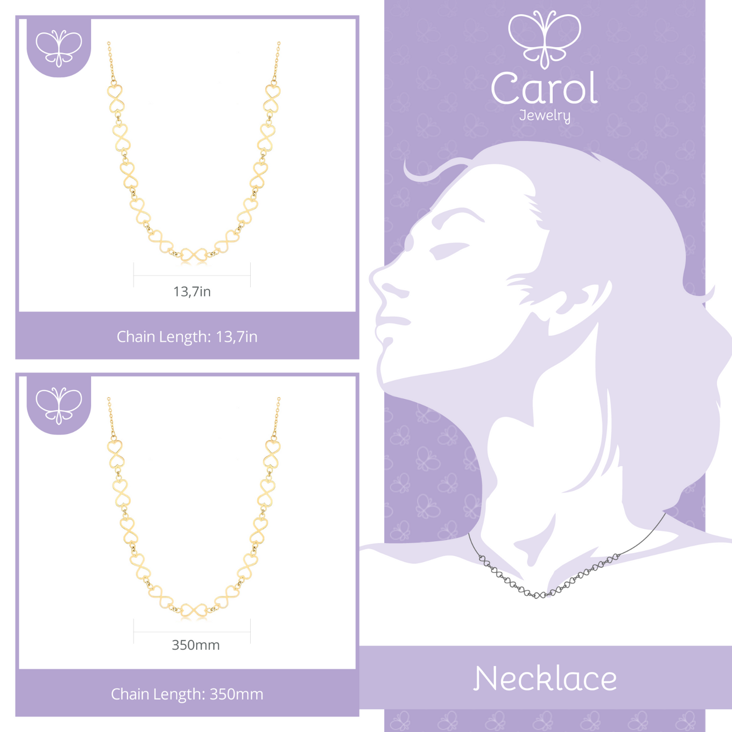 18k Solid Yellow Gold Infinty Hearts Chain Chain for Women and Teens