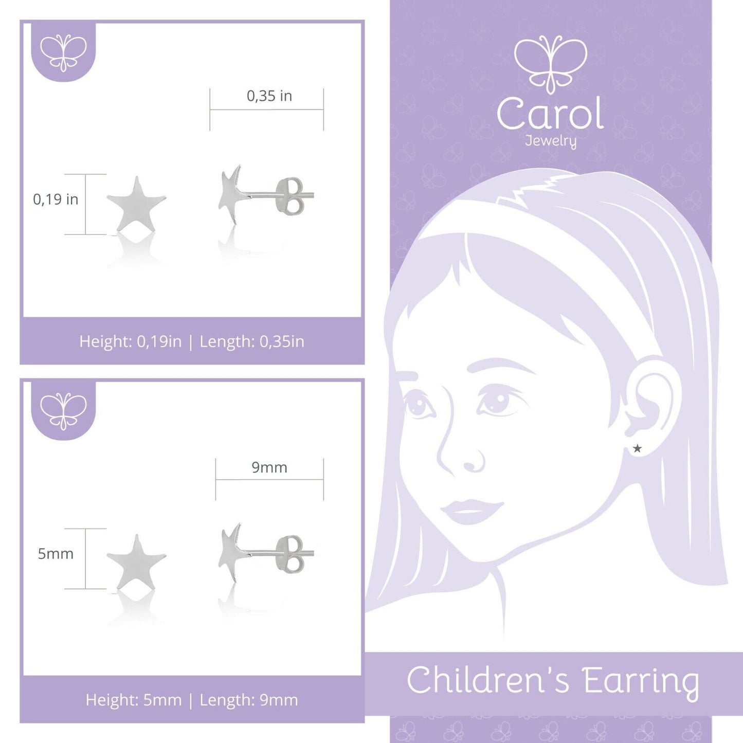 Star Shaped 18k Solid Gold Butterfly Backs Stud Earrings for Infants Toddlers