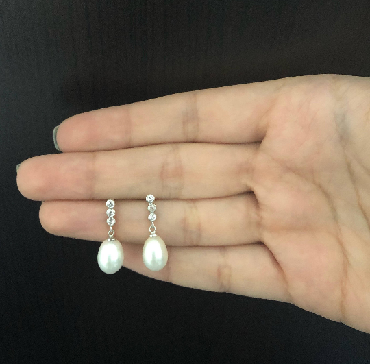 Earrings 18k Solid White Gold Freshwater Pearl Cubic Zircon Drop for Women