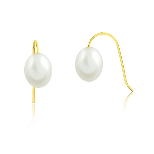 18k Solid Yellow Gold Freshwater Pearl 6 mm Hook Drop Earrings for Women