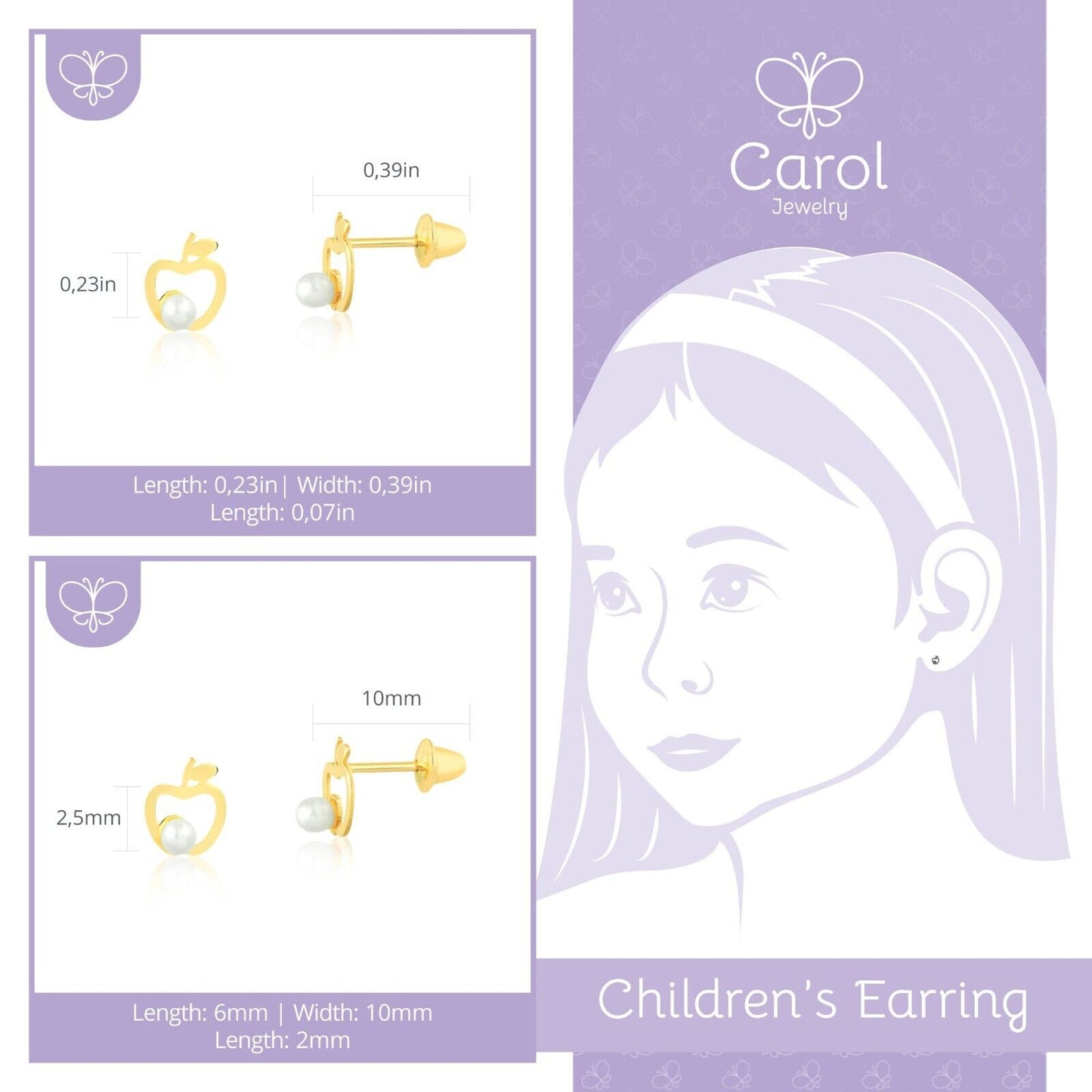 18k Solid Gold Apple Pearl Push Backs Stud Earrings for Babies, Infant, Toddlers