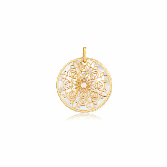 18k Solid Yellow Gold Mandala with Mother Pearl charm for Chain for Women