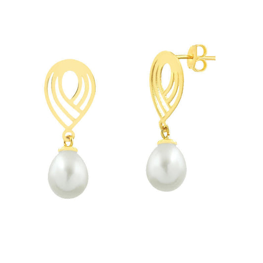 Freshwater Pearl Drop Dangle Earrings 18k Solid Yellow Gold for Women