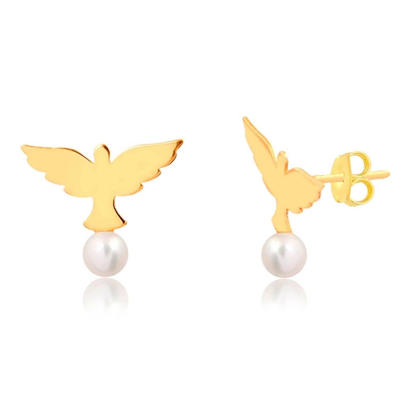 Holy Spirit Dove White Pearl 18k Solid Gold Butterfly Back Stud Earrings Girls