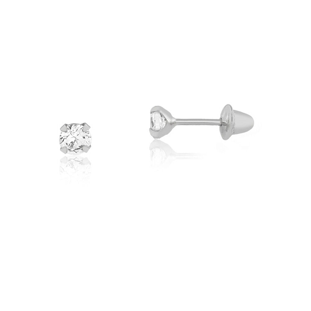 18k Solid White Gold Cubic Zirconia 3 mm Push Backs Stud Earrings Infants