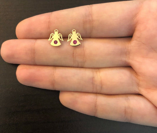 Angel Cubic Zircon 18k Solid Gold Push Back Stud Earrings for Toddlers Children