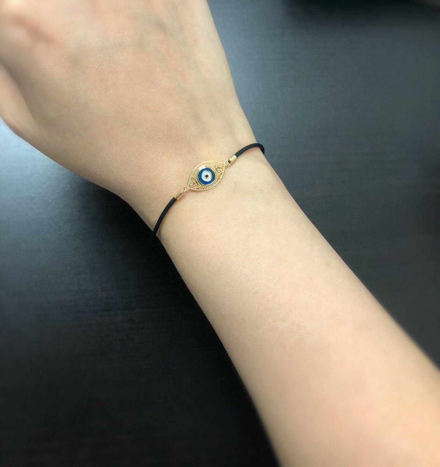 18k Solid Gold Enamel Evil Eye Black Silicone Bracelet for Teens and Women