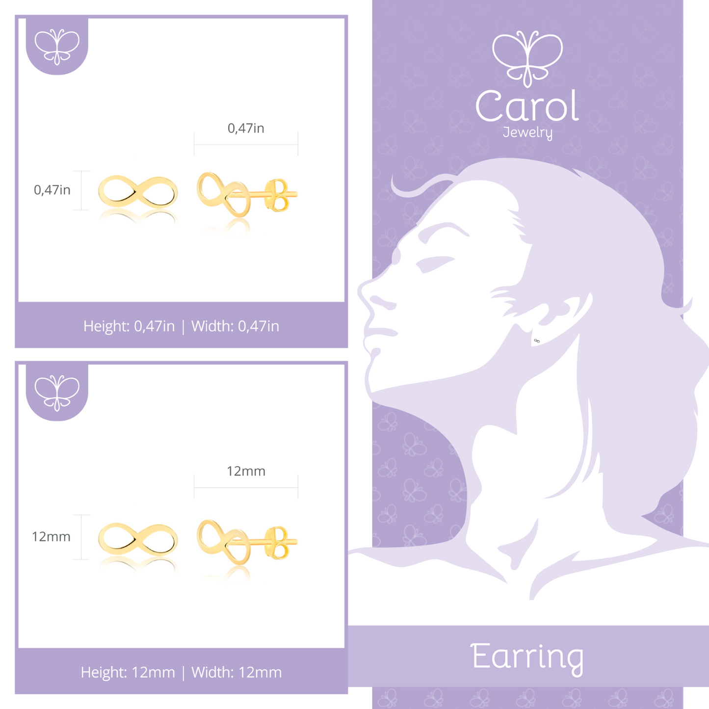14k Solid Yellow Gold Infinity Symbol Earrings | Shaped Butterfly Backs Stud Ear