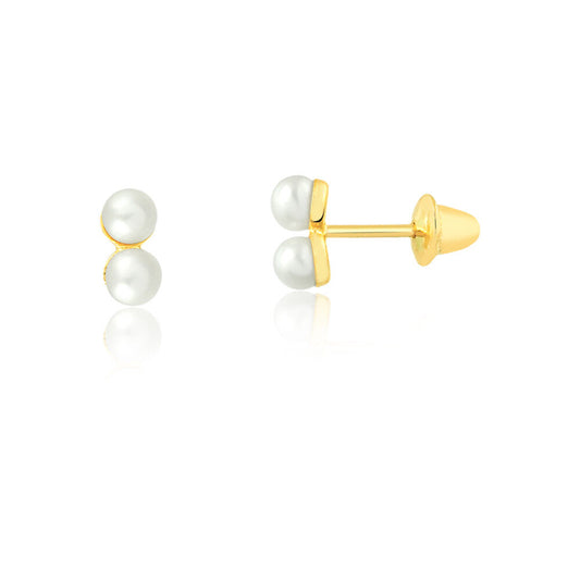 18k Gold Double Pearl 3 mm Push Backs Stud Earrings for Babies and Little Girls