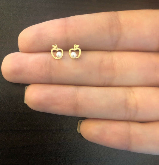18k Gold Apple & Pearl Earrings Push Back Gift Small Jewelry