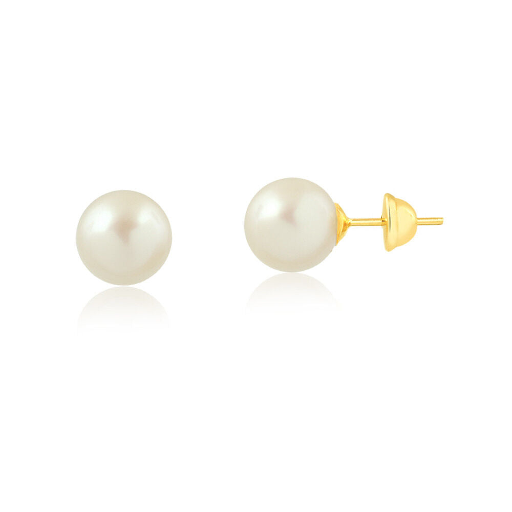 Earrings Freshwater Pearl 18k Yellow Gold Stud 9 mm Safety Push Back for Women