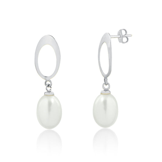 Freshwater White Pearl Drop Dangle Earrings 18k Solid White Gold for Women