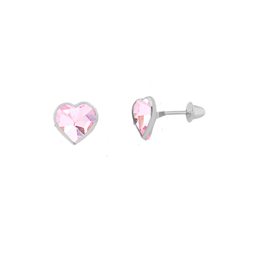 Pink Zircon Heart Shaped 18k Solid White Gold Push Back Stud Earrings for Girls