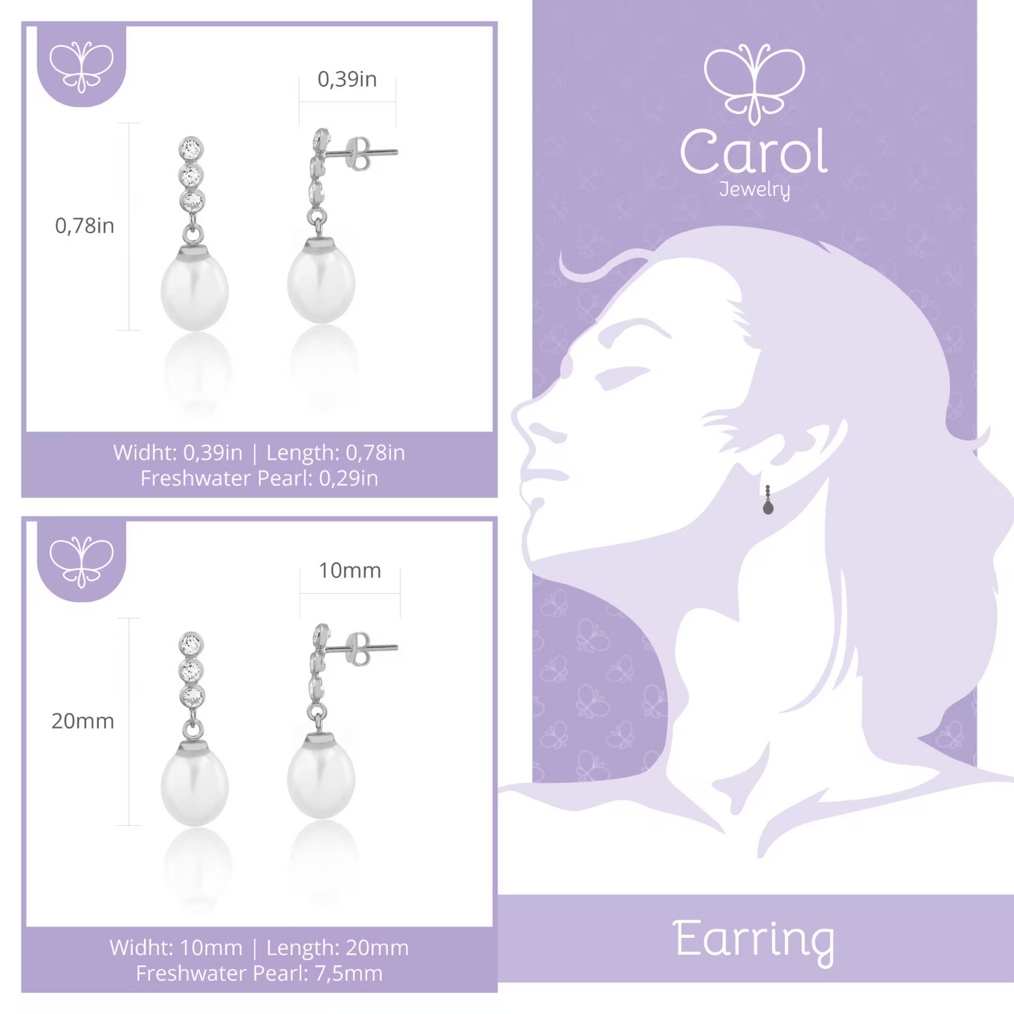 Earrings 18k Solid White Gold Freshwater Pearl Cubic Zircon Drop for Women