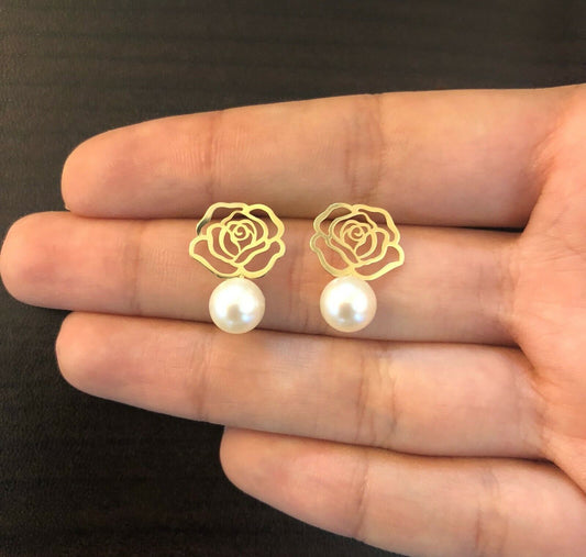 Rose Freshwater Pearl 18k Solid Gold 7 mm Push Backs Drop Earrings for Women