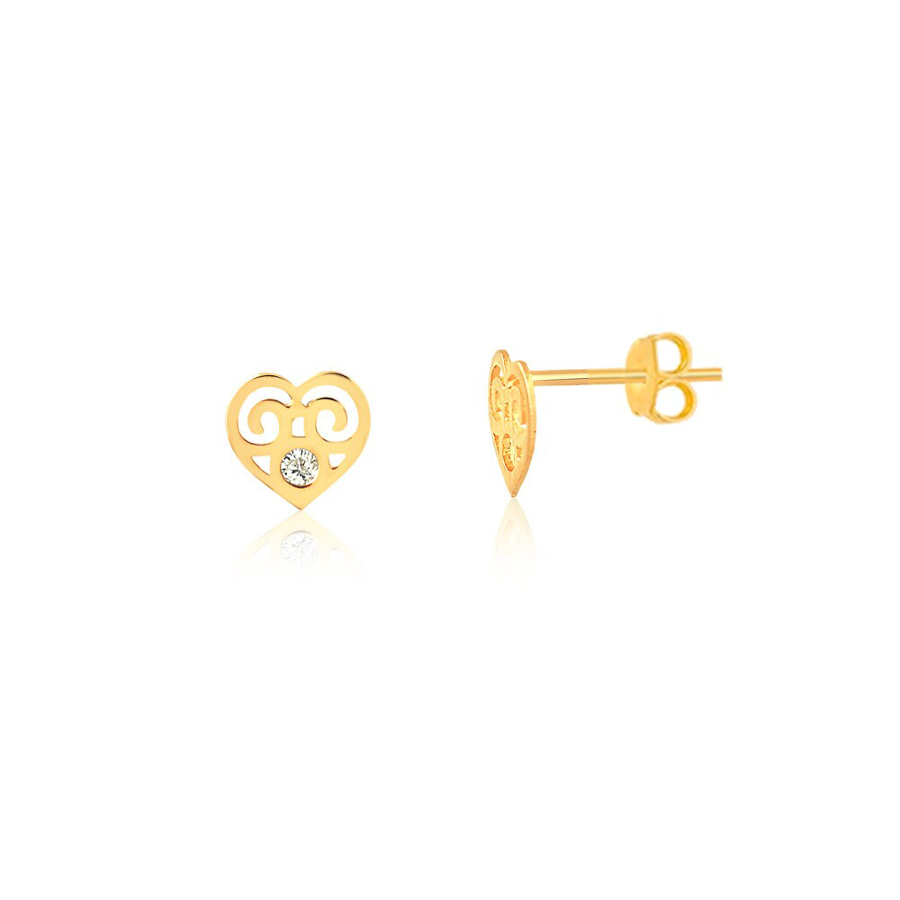 Heart Cubic Zircon 18k Solid Gold Push Backs Stud Earrings for Infants Toddlers