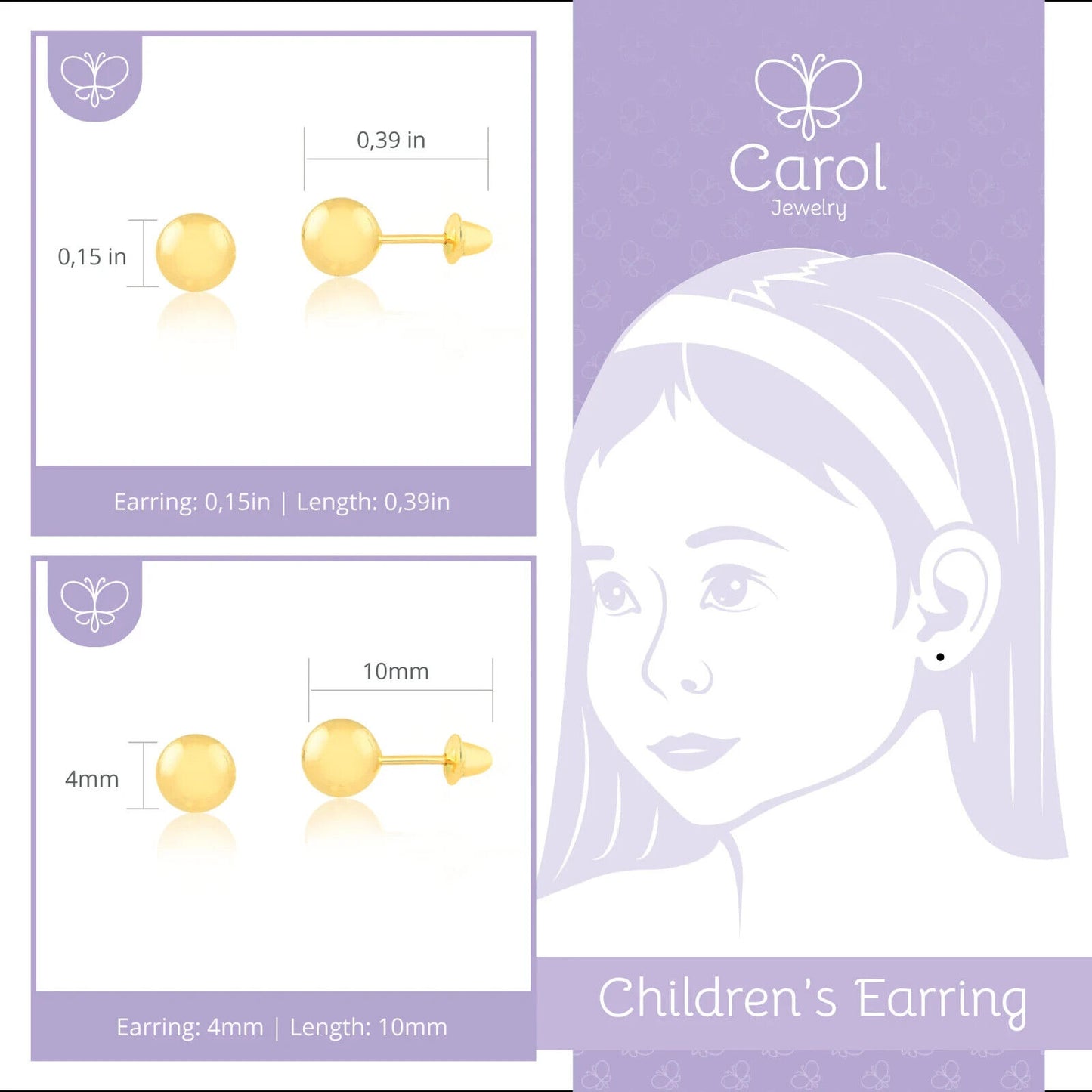 18k Solid Gold Ball 5 mm Push Backs Stud Earrings Toddlers, Children and Girls