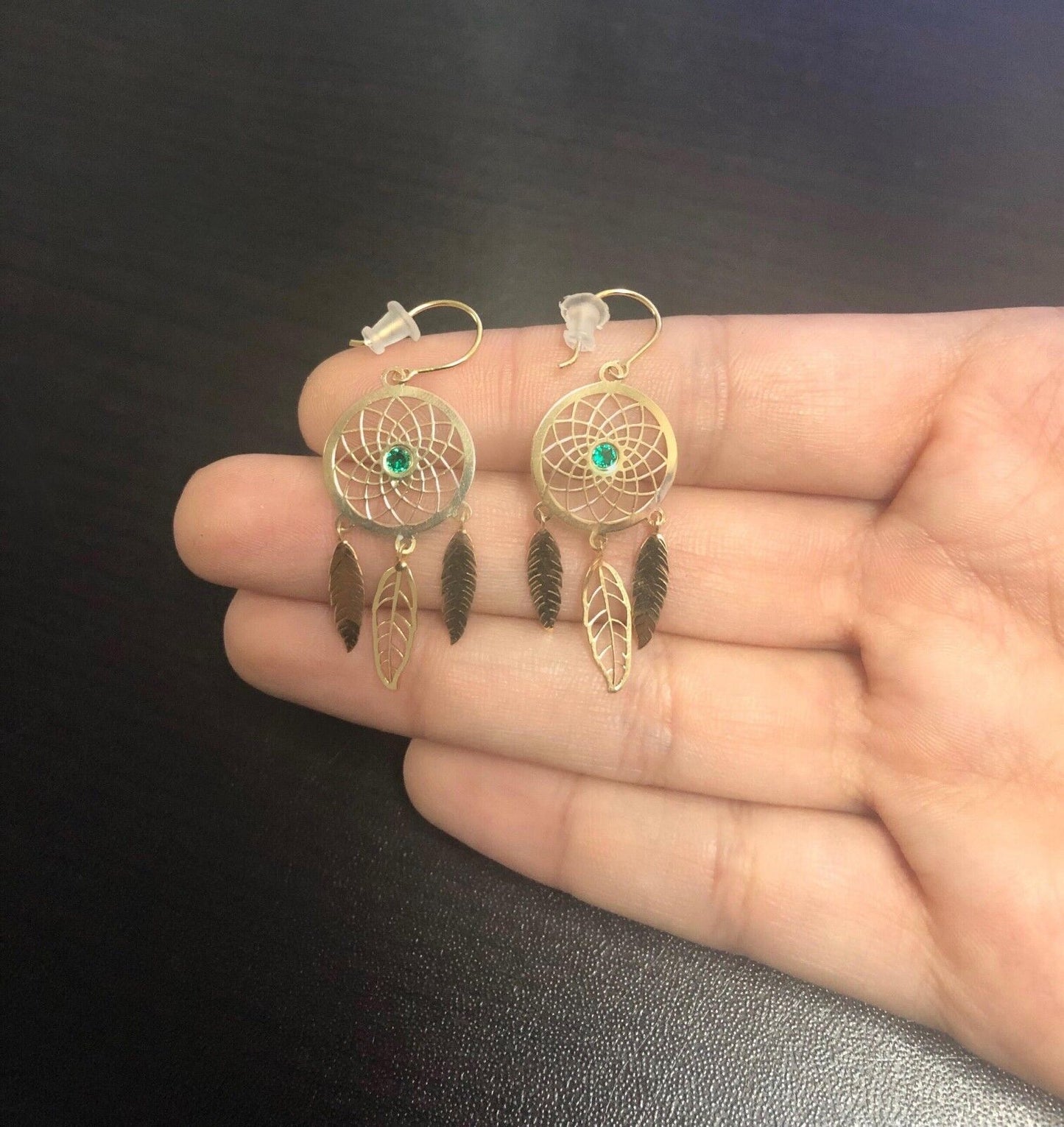 Dream Catcher 18k Yellow Gold Feather Green Zircon Hook Drop Dangle Earrings