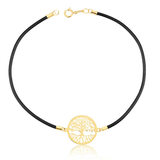 18k Solid Yellow Gold Tree of Life Black Silicone Bracelet for Teens and Women