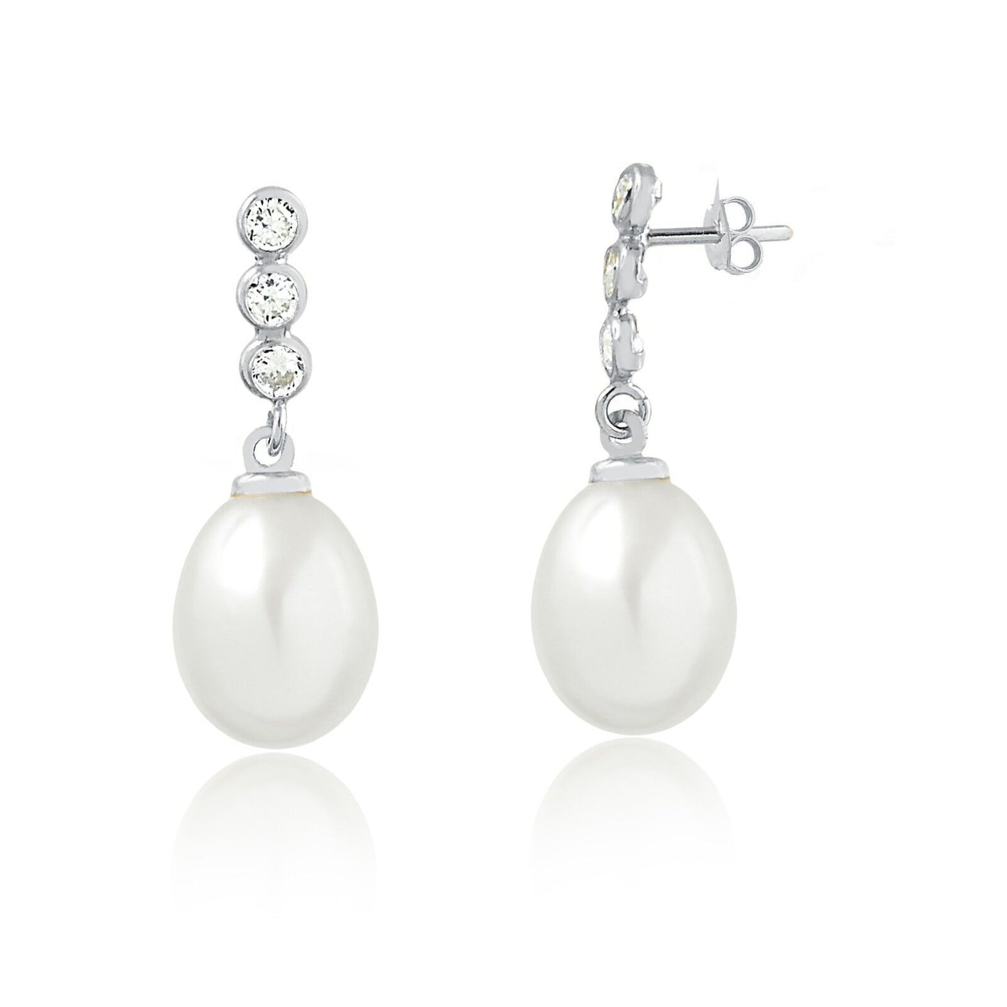 Earrings 18k Solid White Gold Freshwater Pearl Cubic Zircon Drop for Women