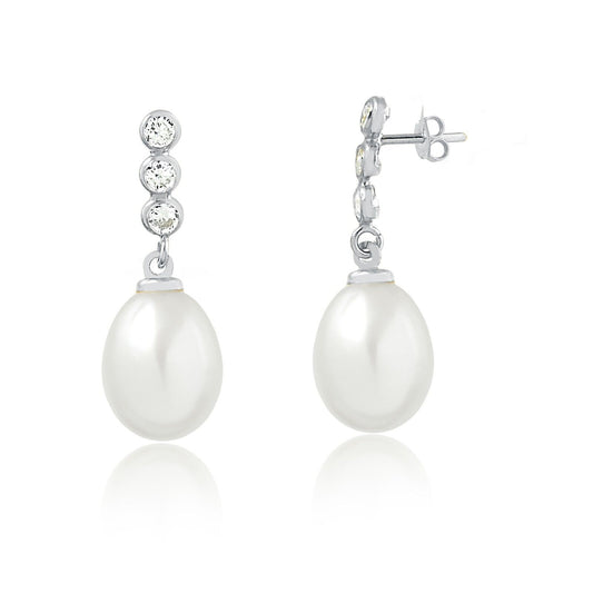 Earrings 18k Solid White Gold Freshwater Pearl Cubic Zircon Drop for Women