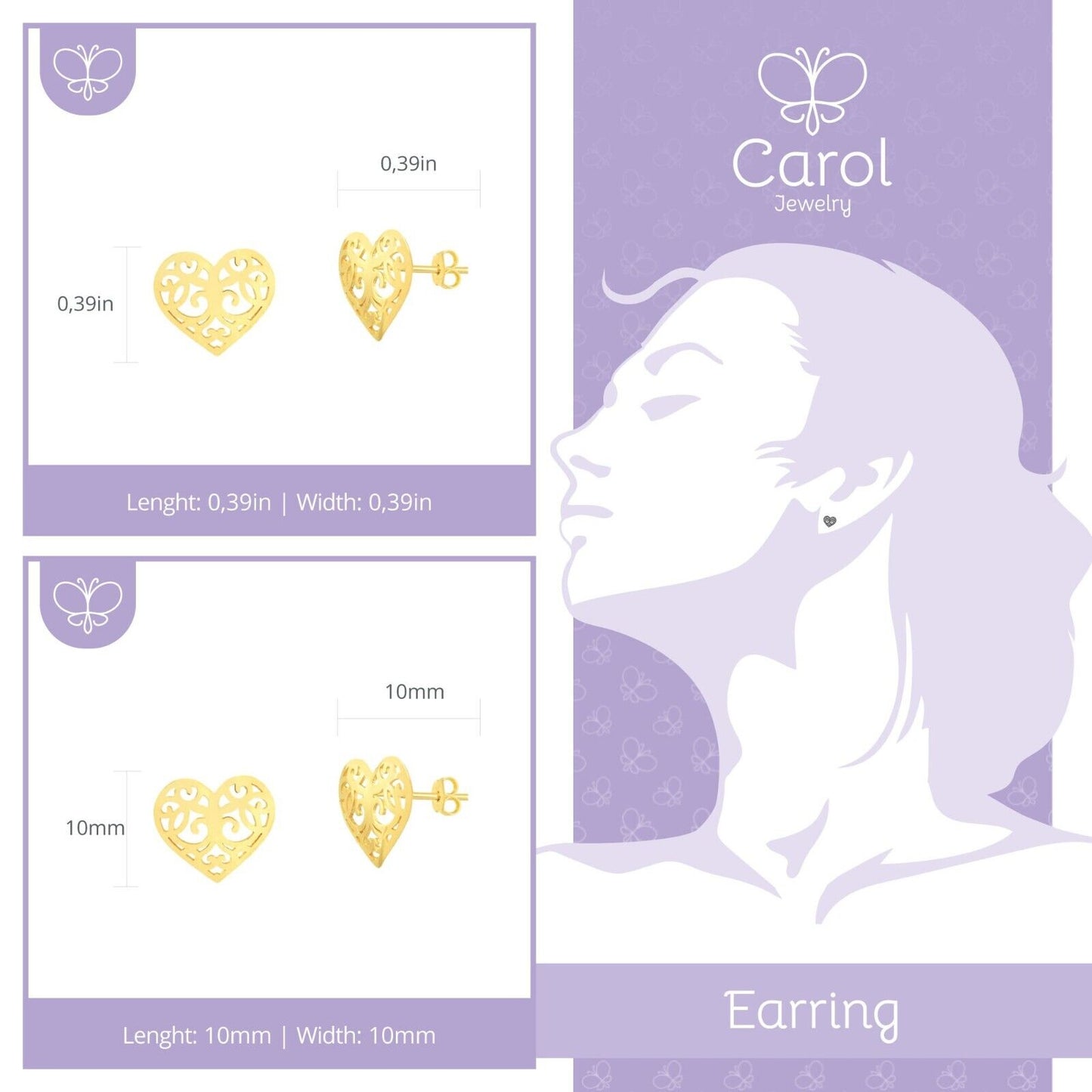 Heart Shaped 18k Solid Yellow Gold Stud Earrings for Girls, Teens and Women