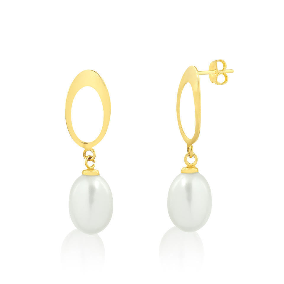 Freshwater White Pearl Drop Dangle 18k Solid Yellow Gold Earrings for Women