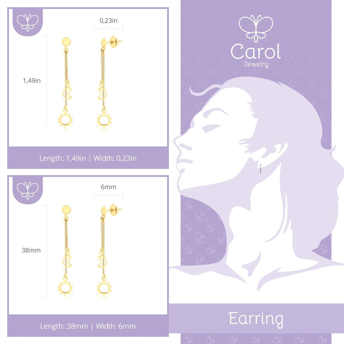 18 K Yellow Gold Dangle earring sun and moon shape