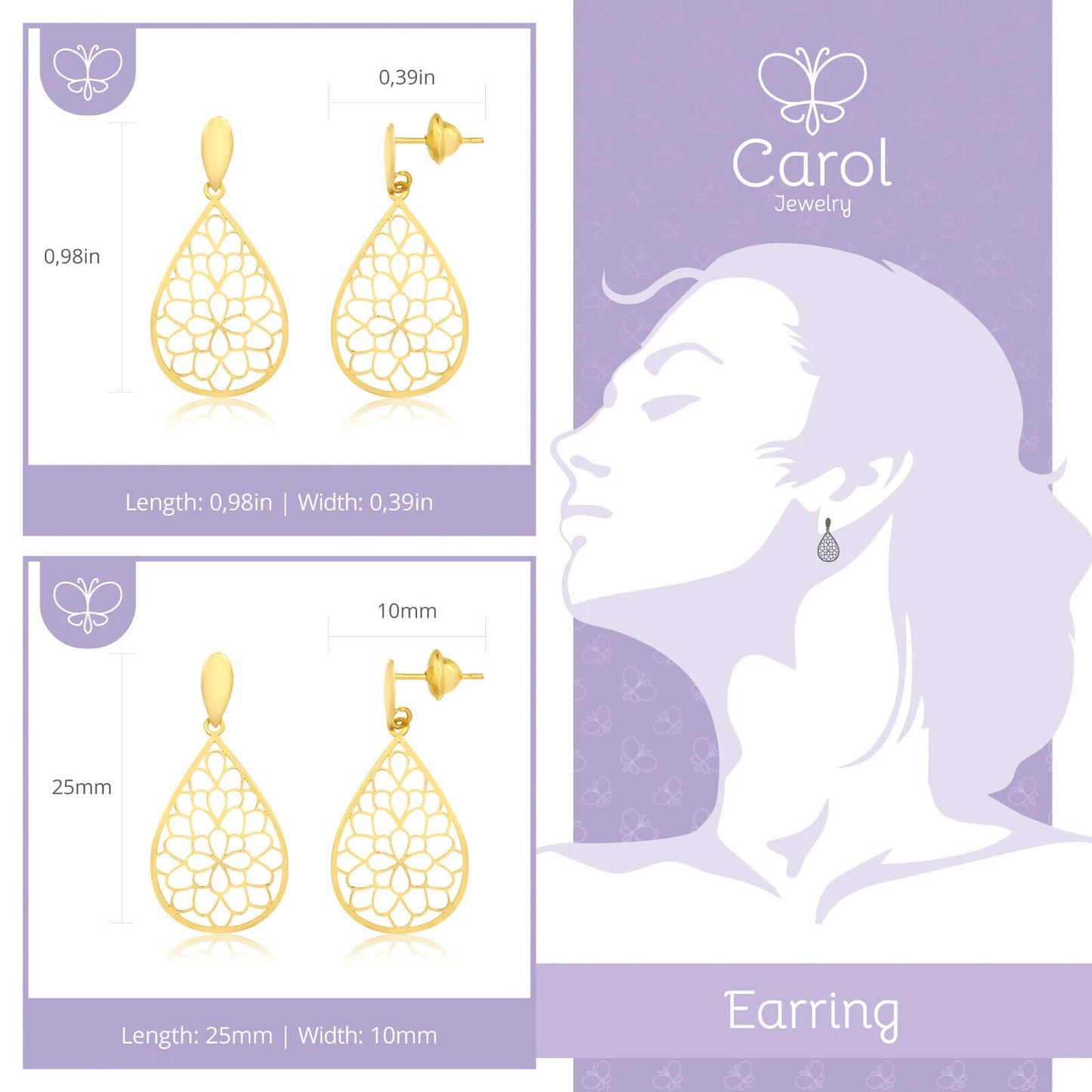 Teardrop Mandala Drop Dangle 18k Solid Yellow Gold Earrings for Women