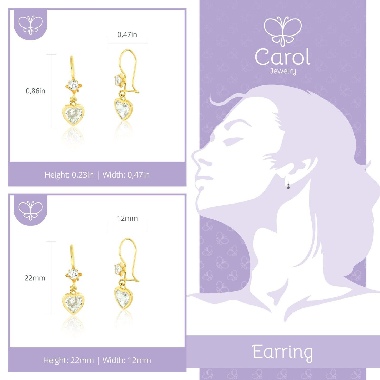 Cubic Zircon Heart Shaped 18k Solid Gold Drop Hook Earrings for Teens Women