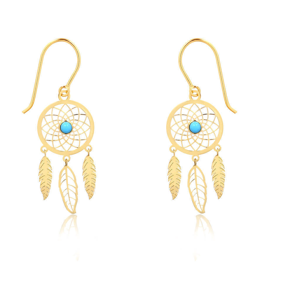 Dream Catcher 18k Solid Yellow Gold Turquoise Stone Hook Drop Dangle Earrings