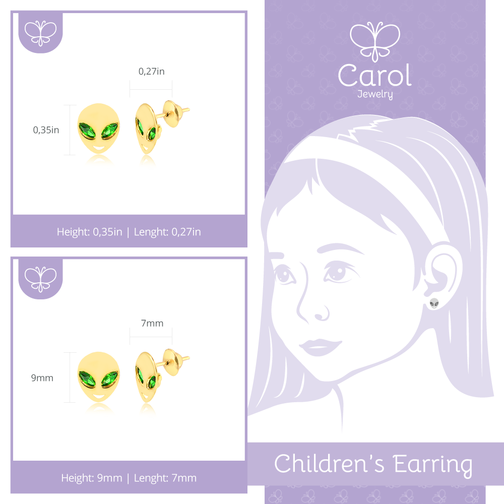 18 K Yellow Gold with green stone  Alien  earrings for women, girls and kids.