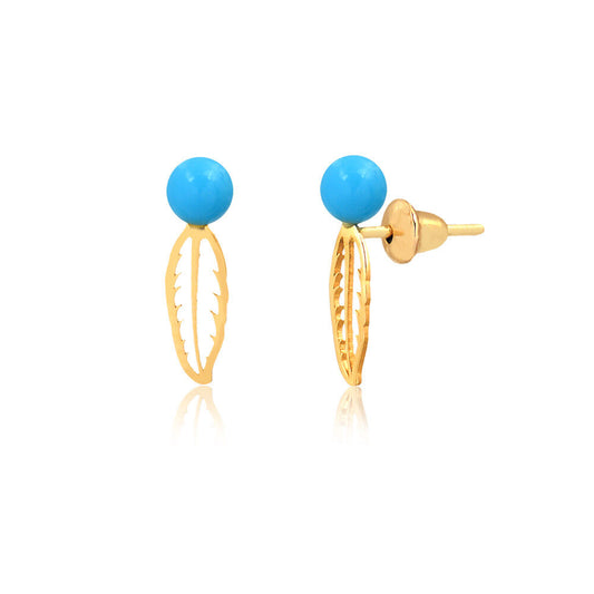 Feather Earrings 18k Solid Gold Turquoise Stone Push Backs Toddlers Children